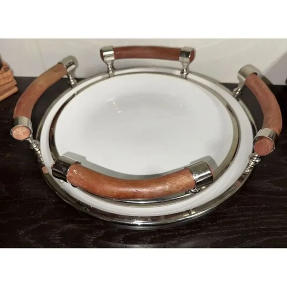 Set‎ Of Two White Ceramic Salad Trys With Wooden Handles And Chrome Rims.